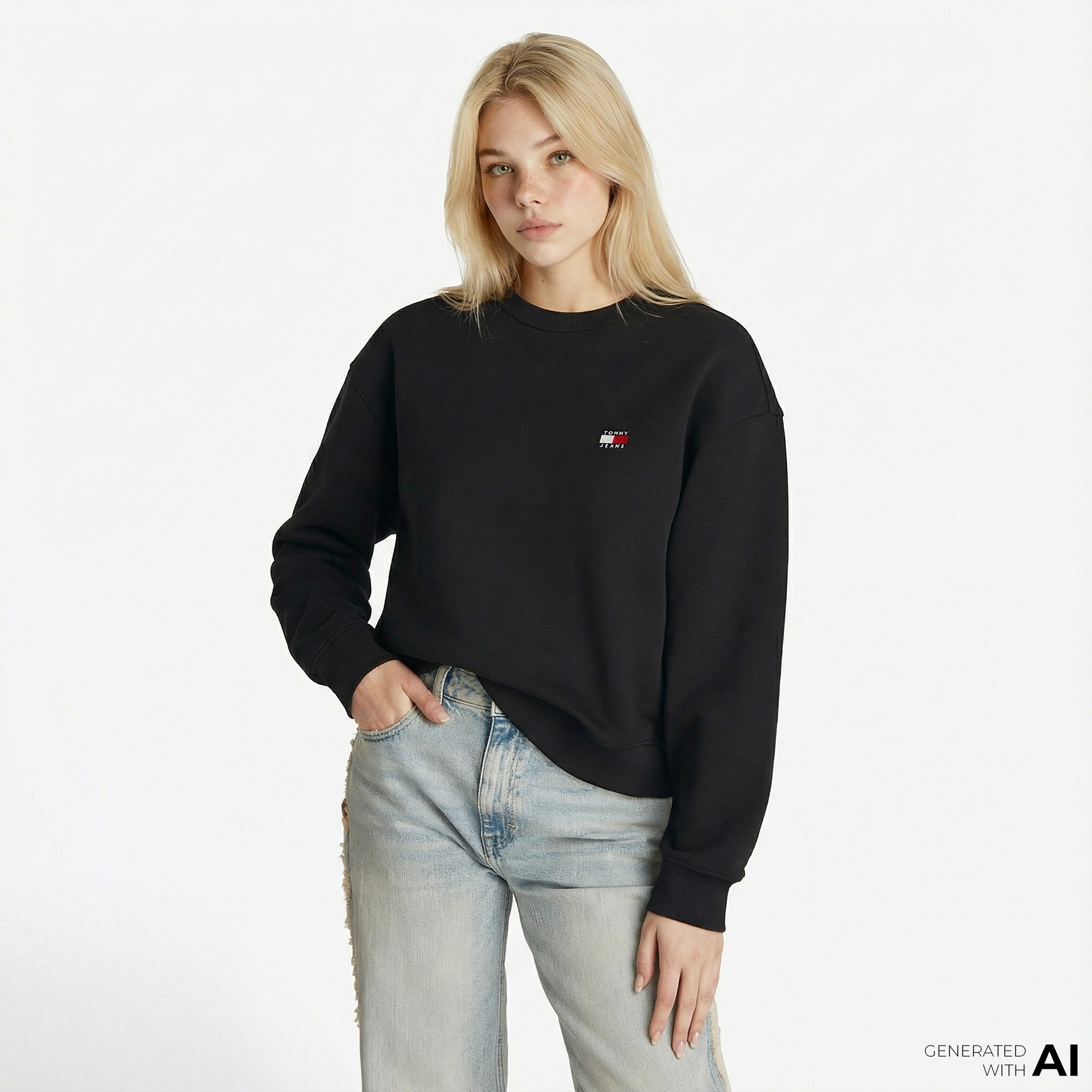 Tommy Jeans Bxy Badge Crew Kadın Siyah Sweatshirt