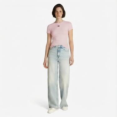  Tommy Jeans Slim Badge Rib Kadın Pembe T-Shirt