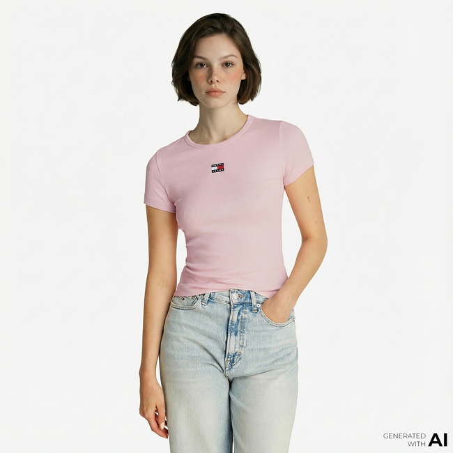  Tommy Jeans Slim Badge Rib Kadın Pembe T-Shirt