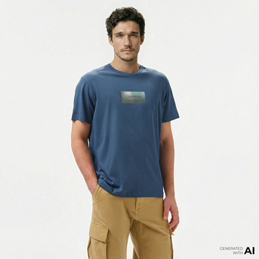  Calvin Klein Logo Erkek Mavi T-Shirt