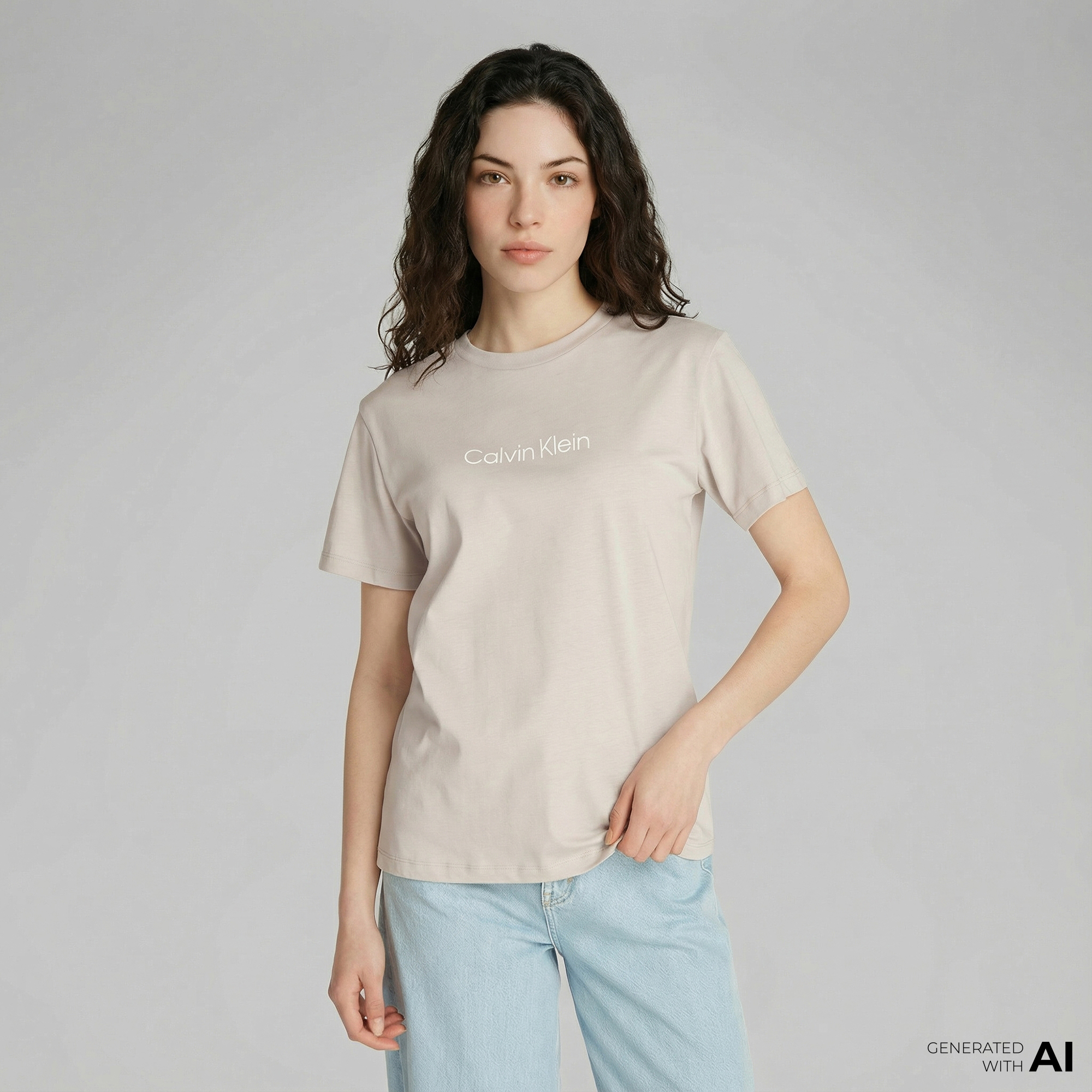  Calvin Klein Hero Logo Regular Kadın Bej T-Shirt