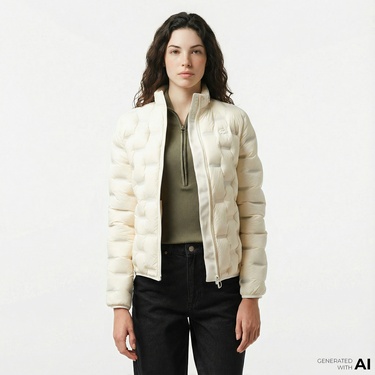  Lacoste Kadın Regular Fit Kapüşonlu Kapitone Beyaz Mont