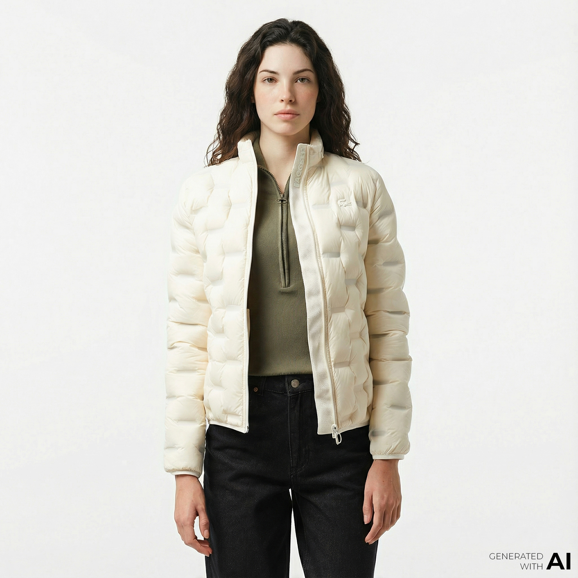  Lacoste Kadın Regular Fit Kapüşonlu Kapitone Beyaz Mont