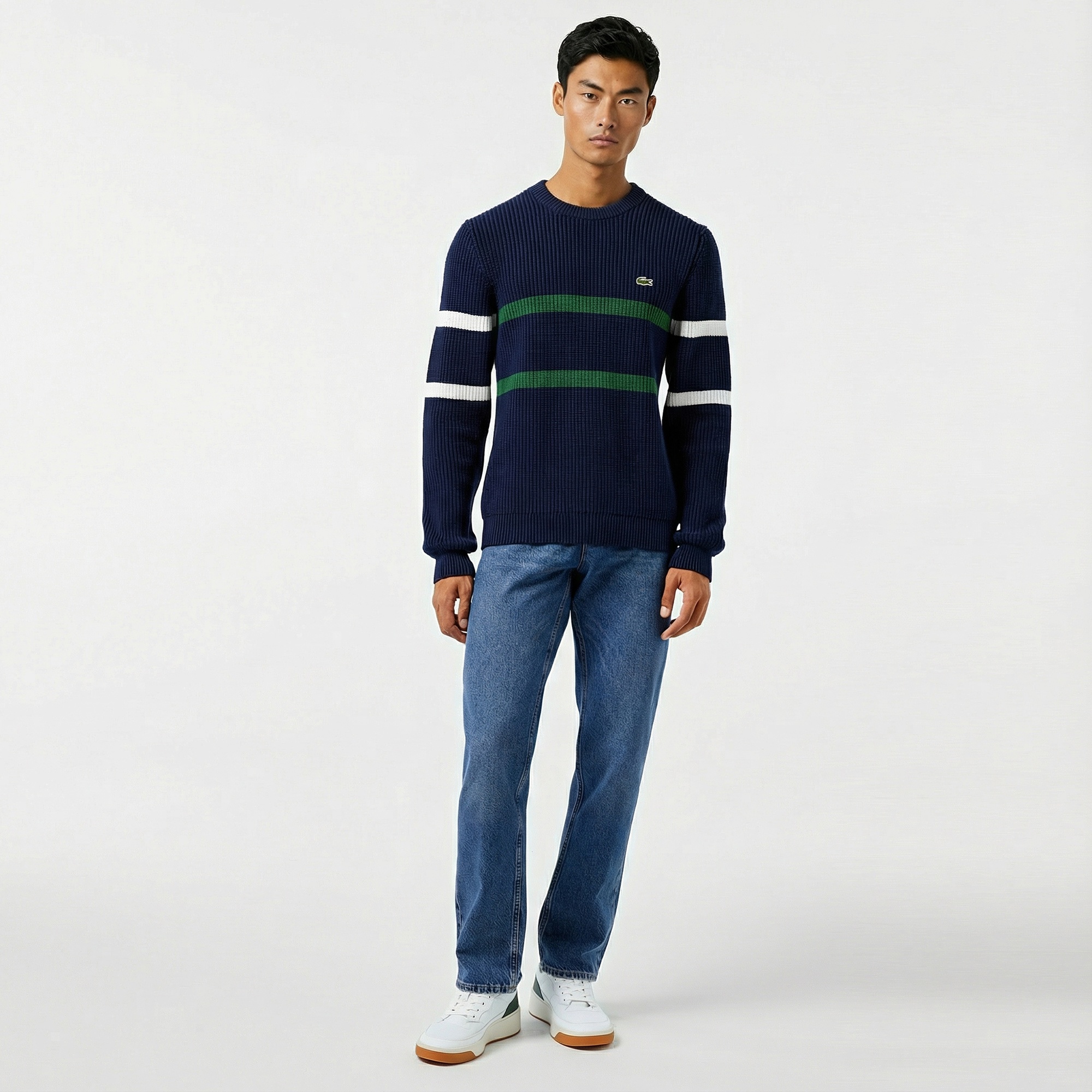 Lacoste Erkek Relaxed Fit Bisiklet Yaka Çizgili Lacivert Kazak