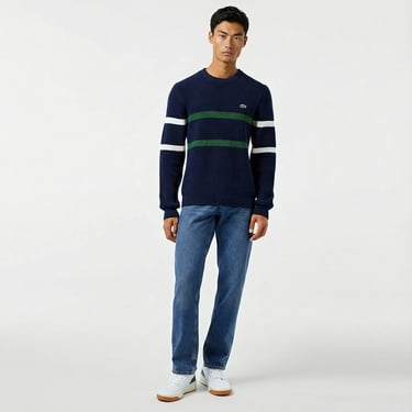  Lacoste Erkek Relaxed Fit Bisiklet Yaka Çizgili Lacivert Kazak