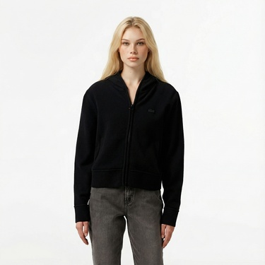  Lacoste Kadın Relaxed Fit Kapüşonlu Siyah Hırka