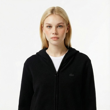  Lacoste Kadın Relaxed Fit Kapüşonlu Siyah Hırka