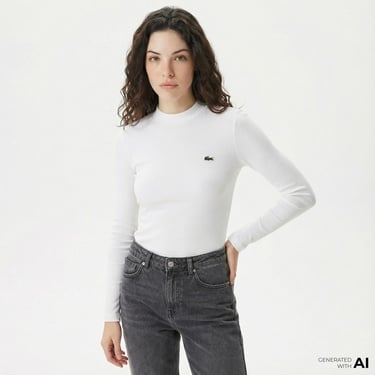  Lacoste Kadın Slim Fit Uzun Kollu Bisiklet Yaka Beyaz T-Shirt
