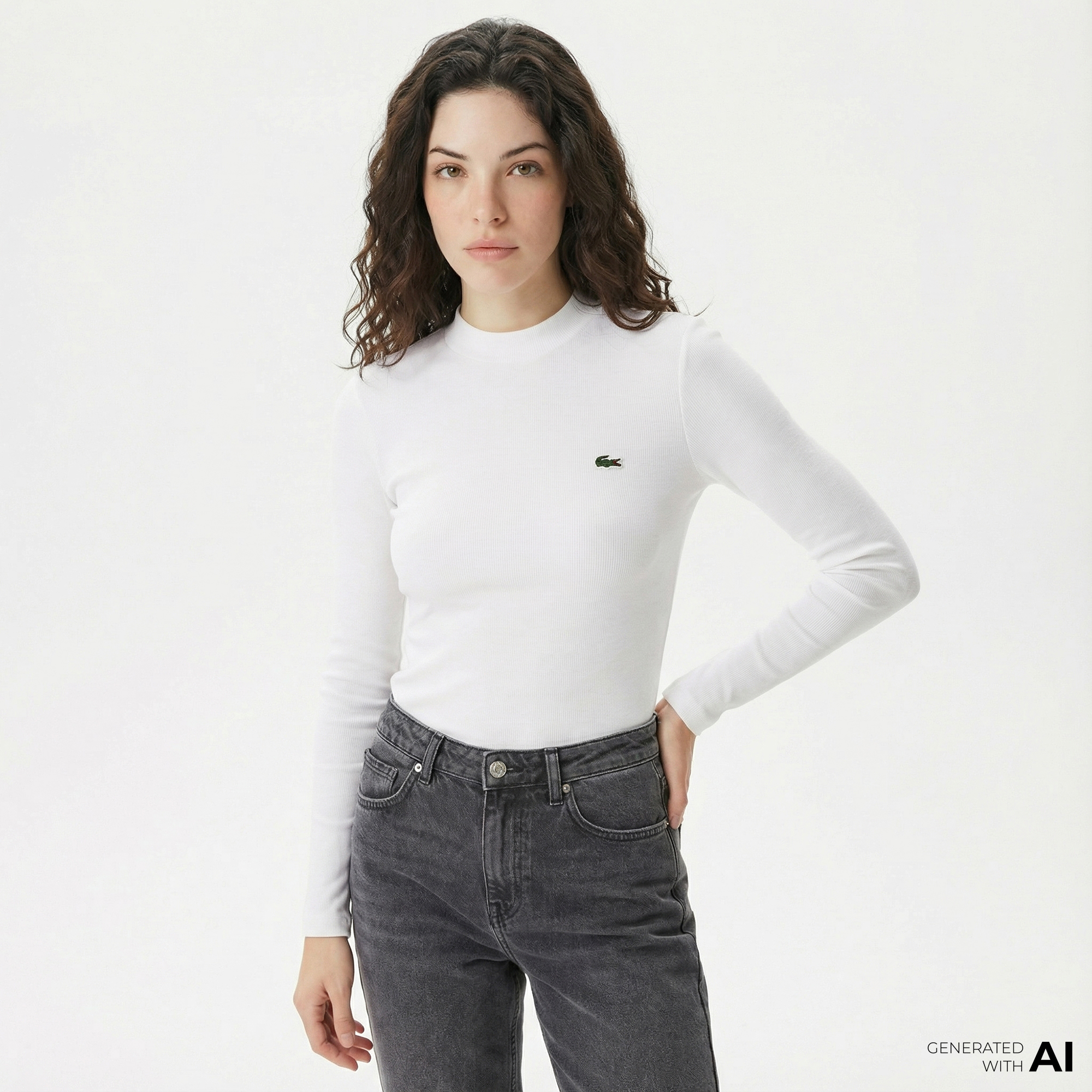  Lacoste Kadın Slim Fit Uzun Kollu Bisiklet Yaka Beyaz T-Shirt