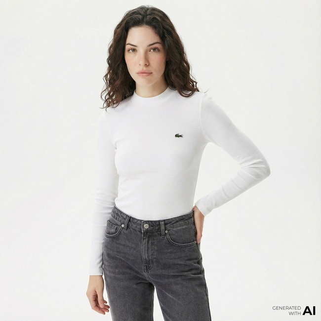  Lacoste Kadın Slim Fit Uzun Kollu Bisiklet Yaka Beyaz T-Shirt