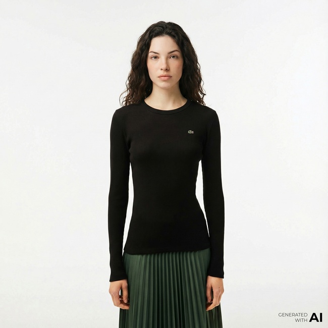  Lacoste Kadın Slim Fit Uzun Kollu Bisiklet Yaka Siyah T-Shirt