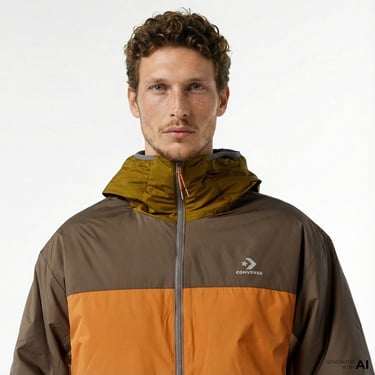  Converse Erkek Kapüşonlu Renk Bloklu Kahverengi Mont