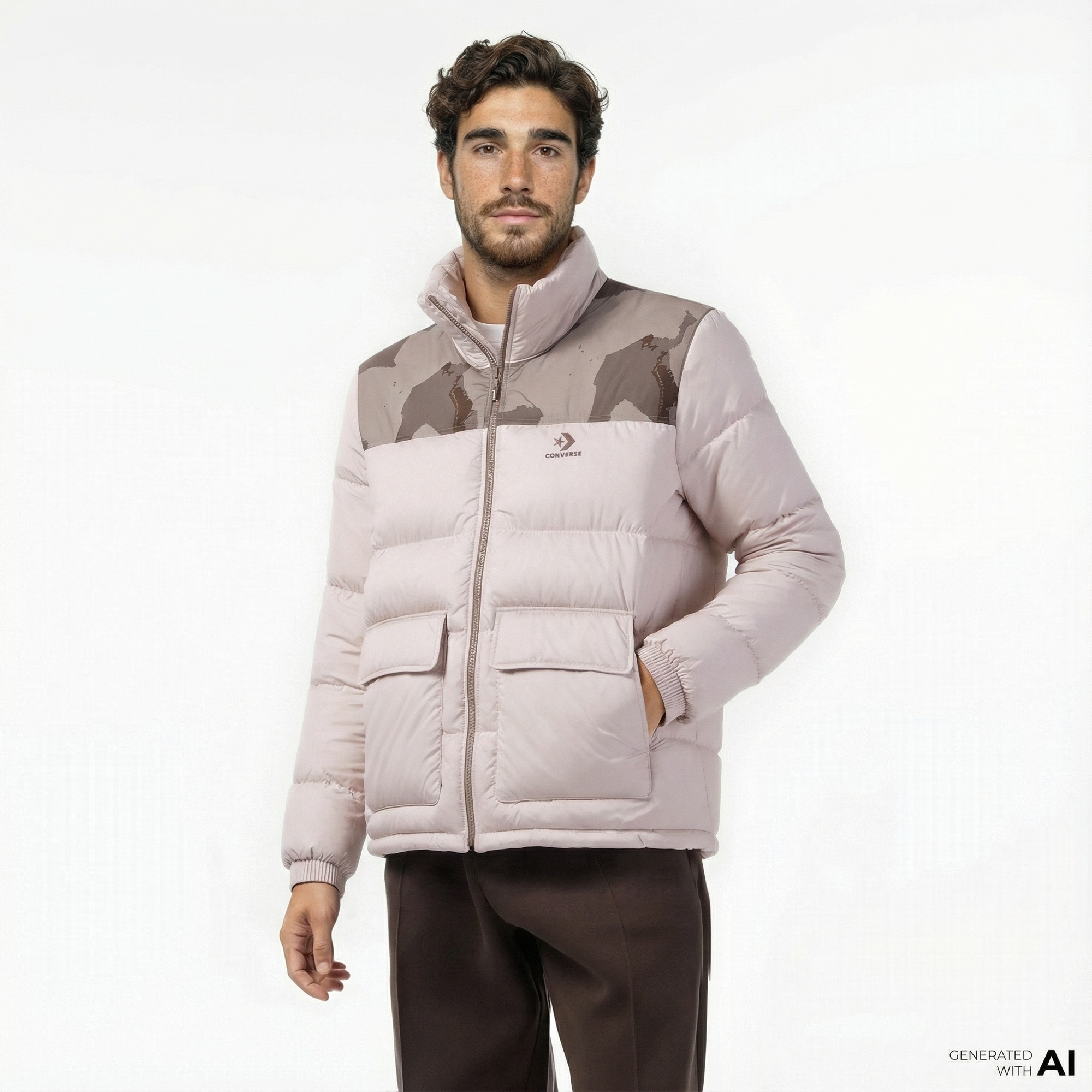 Converse Erkek Dik Yaka Bej Şişme Mont