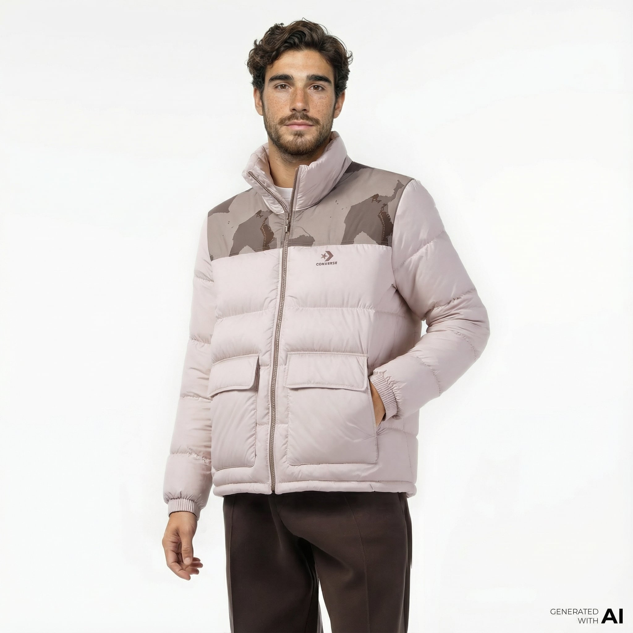  Converse Erkek Dik Yaka Bej Şişme Mont