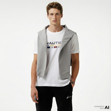  Nautica Erkek Beyaz Standart Fit Kısa Kollu Baskılı T-Shirt