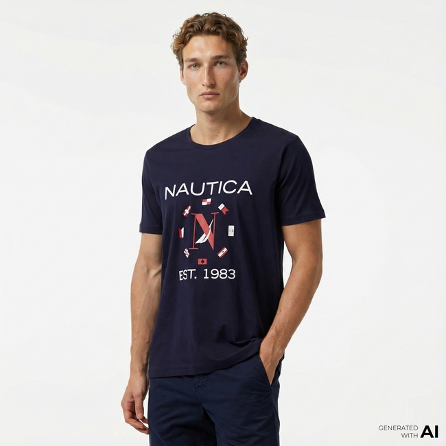  Nautica Erkek Lacivert Standart Fit Kısa Kollu Baskılı T-Shirt