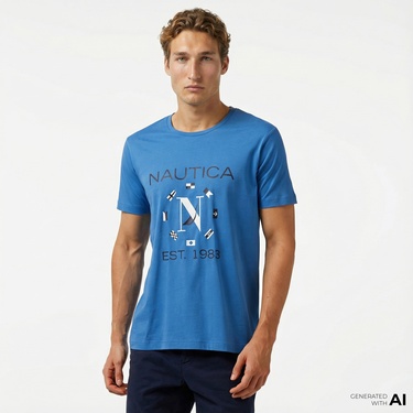  Nautica Erkek Mavi Standart Fit Kısa Kollu Baskılı T-Shirt