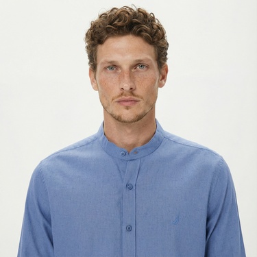  Nautica Erkek Mavi Classic Fit Keten Gömlek