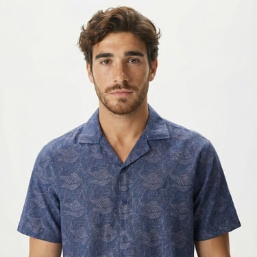  Nautica Erkek Lacivert Classic Fit Kısa Kollu Desenli Keten Gömlek