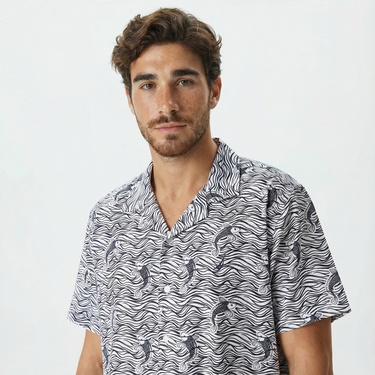  Nautica Erkek Beyaz Classic Fit Kısa Kollu Desenli Keten Gömlek