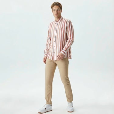  Nautica Erkek Turuncu Classic Fit Uzun Kollu Çizgili Keten Gömlek
