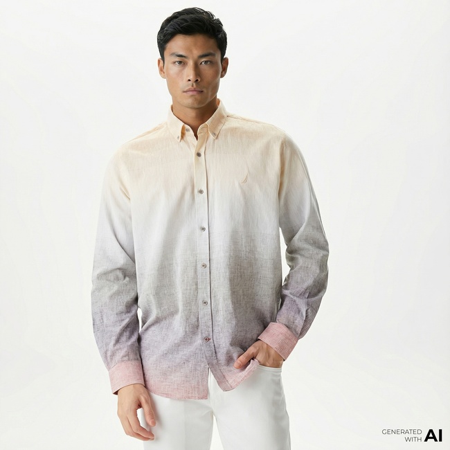  Nautica Erkek Bej Classic Fit Uzun Kollu Renk Bloklu Gömlek