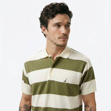  Nautica Erkek Yeşil Classic Fit Kısa Kollu Çizgili Polo Yaka T-Shirt