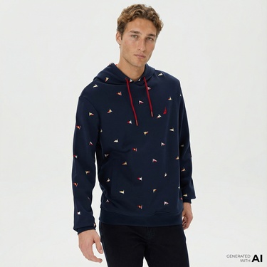  Nautica Erkek Lacivert Standart Fit İşlemeli KapüşonluSweatshirt