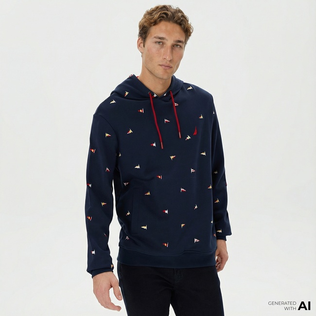  Nautica Erkek Lacivert Standart Fit İşlemeli KapüşonluSweatshirt