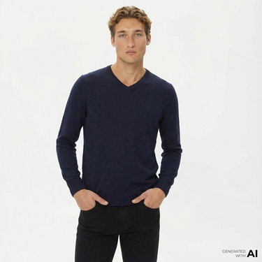  Nautica Erkek Lacivert Standart Fit V Yaka Kazak