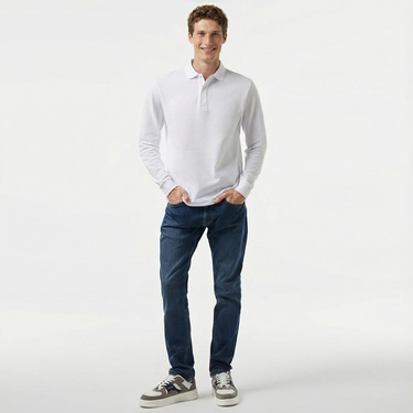  Nautica Erkek Beyaz Slim Fit Uzun Kollu Polo Yaka T-Shirt