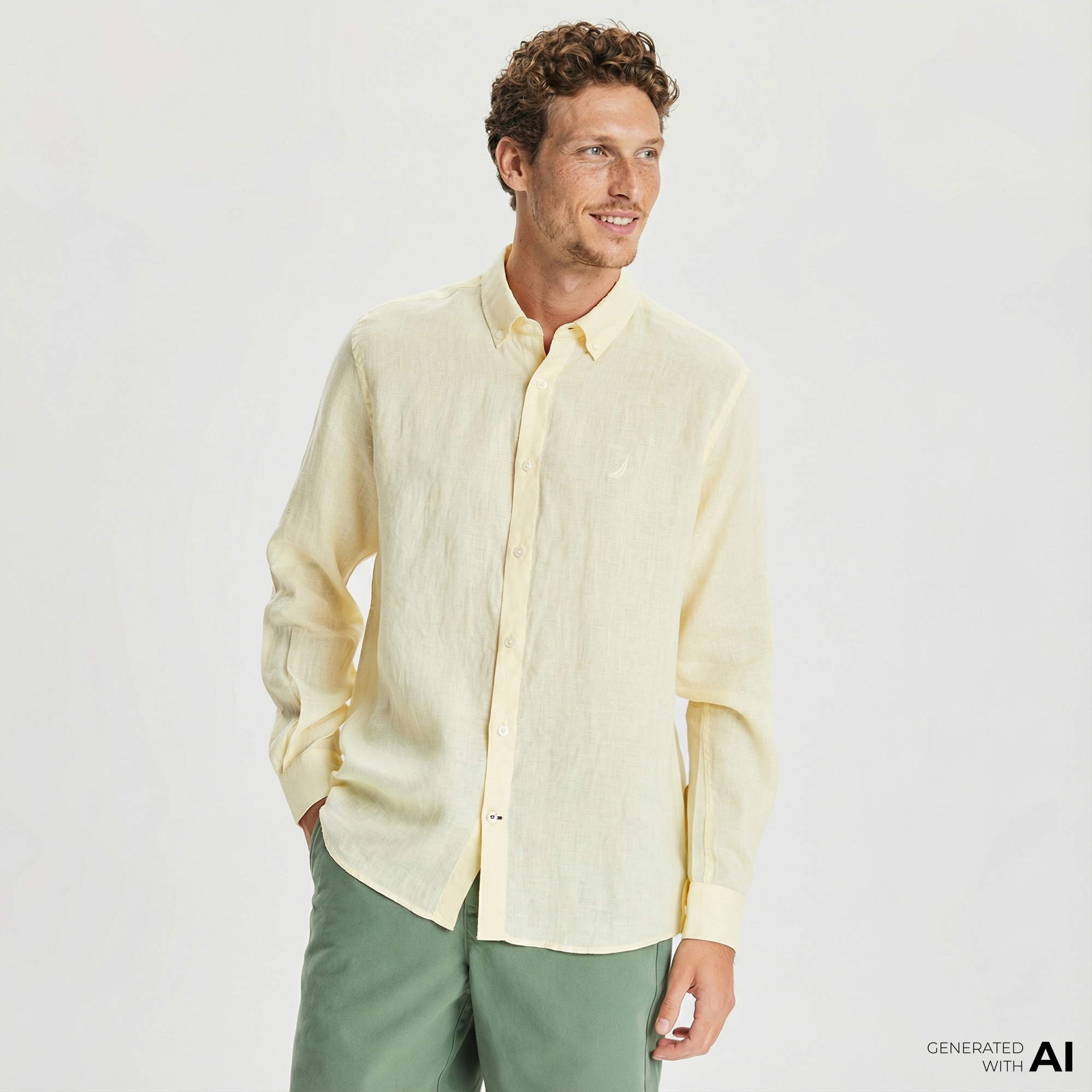  Nautica Erkek Sarı Classic Fit Uzun Kollu Keten Gömlek