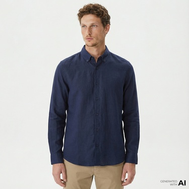  Nautica Erkek Lacivert Classic Fit Uzun Kollu Keten Gömlek