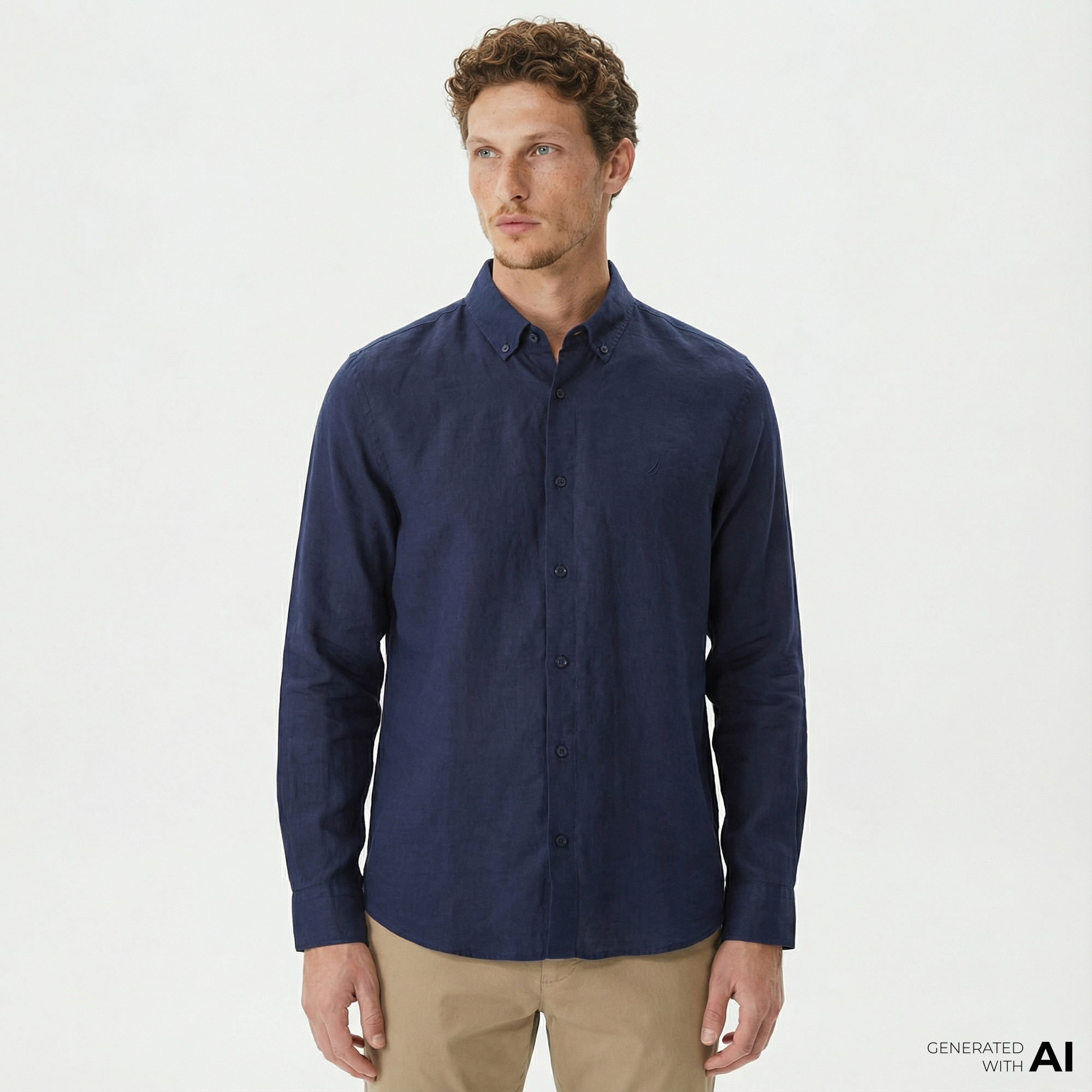  Nautica Erkek Lacivert Classic Fit Uzun Kollu Keten Gömlek