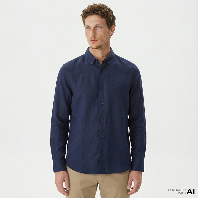  Nautica Erkek Lacivert Classic Fit Uzun Kollu Keten Gömlek