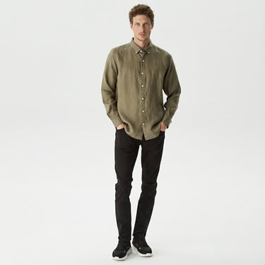  Nautica Erkek Yeşil Classic Fit Uzun Kollu Keten Gömlek