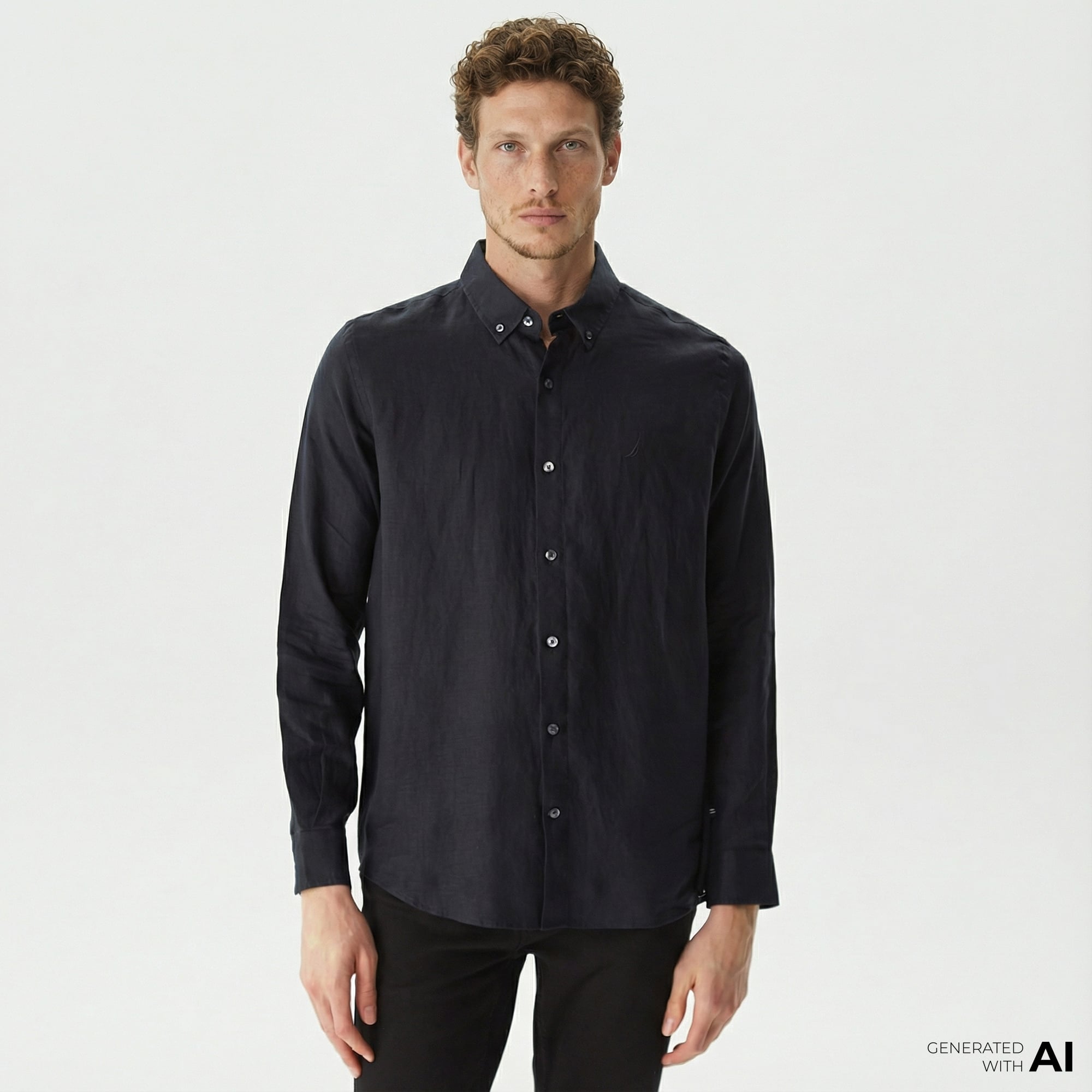  Nautica Erkek Siyah Classic Fit Uzun Kollu Keten Gömlek
