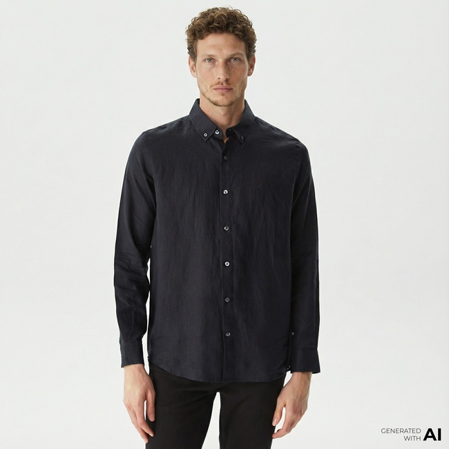  Nautica Erkek Siyah Classic Fit Uzun Kollu Keten Gömlek