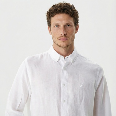  Nautica Erkek Beyaz Classic Fit Uzun Kollu Keten Gömlek