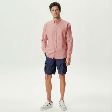  Nautica Erkek Bordo Slim Fit Uzun Kollu Keten Gömlek