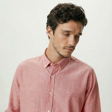  Nautica Erkek Bordo Slim Fit Uzun Kollu Keten Gömlek