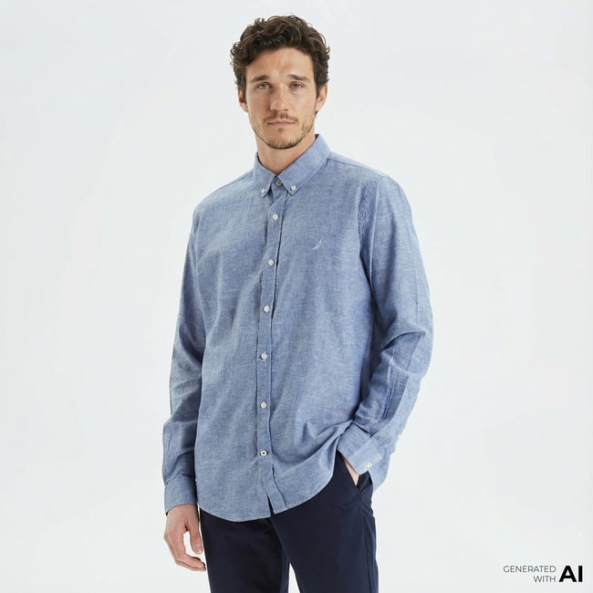  Nautica Erkek Mavi Slim Fit Uzun Kollu Keten Gömlek