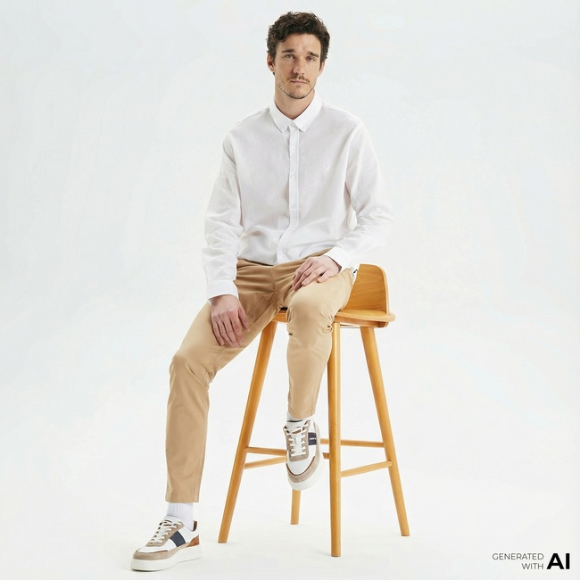  Nautica Erkek Beyaz Slim Fit Uzun Kollu Keten Gömlek