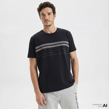  Nautica Erkek Siyah Standart Fit Çizgili T-Shirt