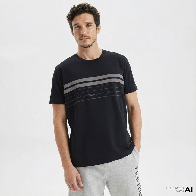  Nautica Erkek Siyah Standart Fit Çizgili T-Shirt