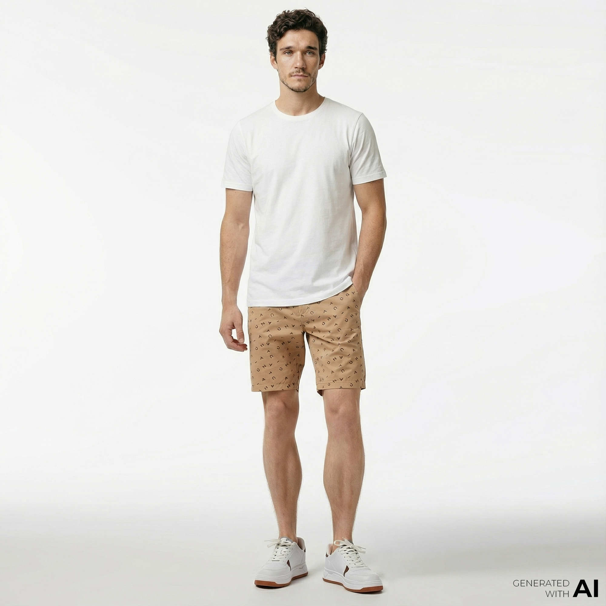  Nautica Erkek Bej Slim Fit Baskılı Bermuda