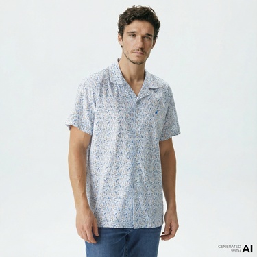  Nautica Erkek Beyaz Classic Fit Kısa Kollu Desenli Gömlek