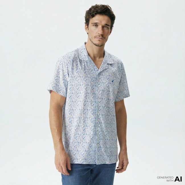  Nautica Erkek Beyaz Classic Fit Kısa Kollu Desenli Gömlek