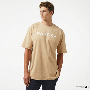  Nautica Erkek Bej Oversize Kısa Kollu T-Shirt