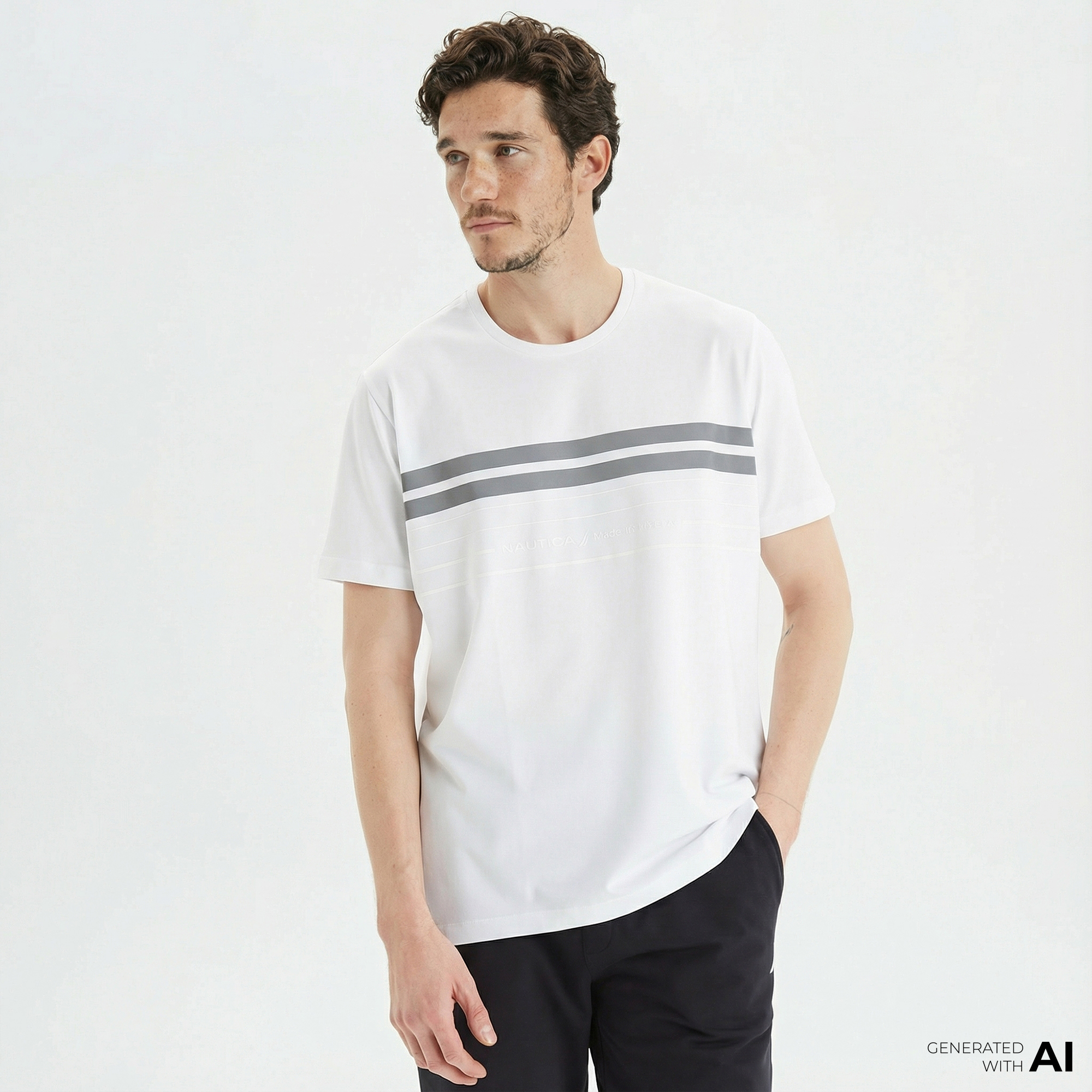  Nautica Erkek Beyaz Standart Fit Çizgili T-Shirt